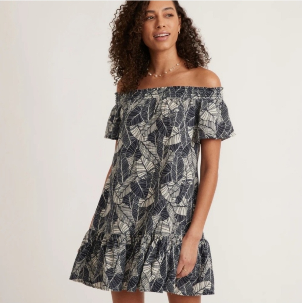 MARINE LAYER Navy and Cream Leaf Print Off-Shoulder Dress, size Small